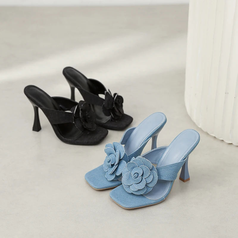 2026 European and American New Simple All-match Denim Flower Clip Toe Elegant High Heel Sandals Hot Selling