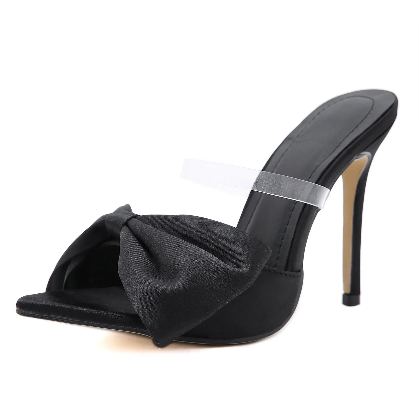 New 2024 European and American New Sexy Pointed Bow with PVC Thin High Heel Sandals