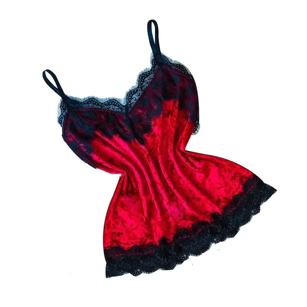 Pijamas de verano para mujer, ropa de dormir con lazo de terciopelo, ropa de dormir sin mangas con tirantes, camisola con adornos de encaje, conjuntos de pijama, lencería Sexy para mujer