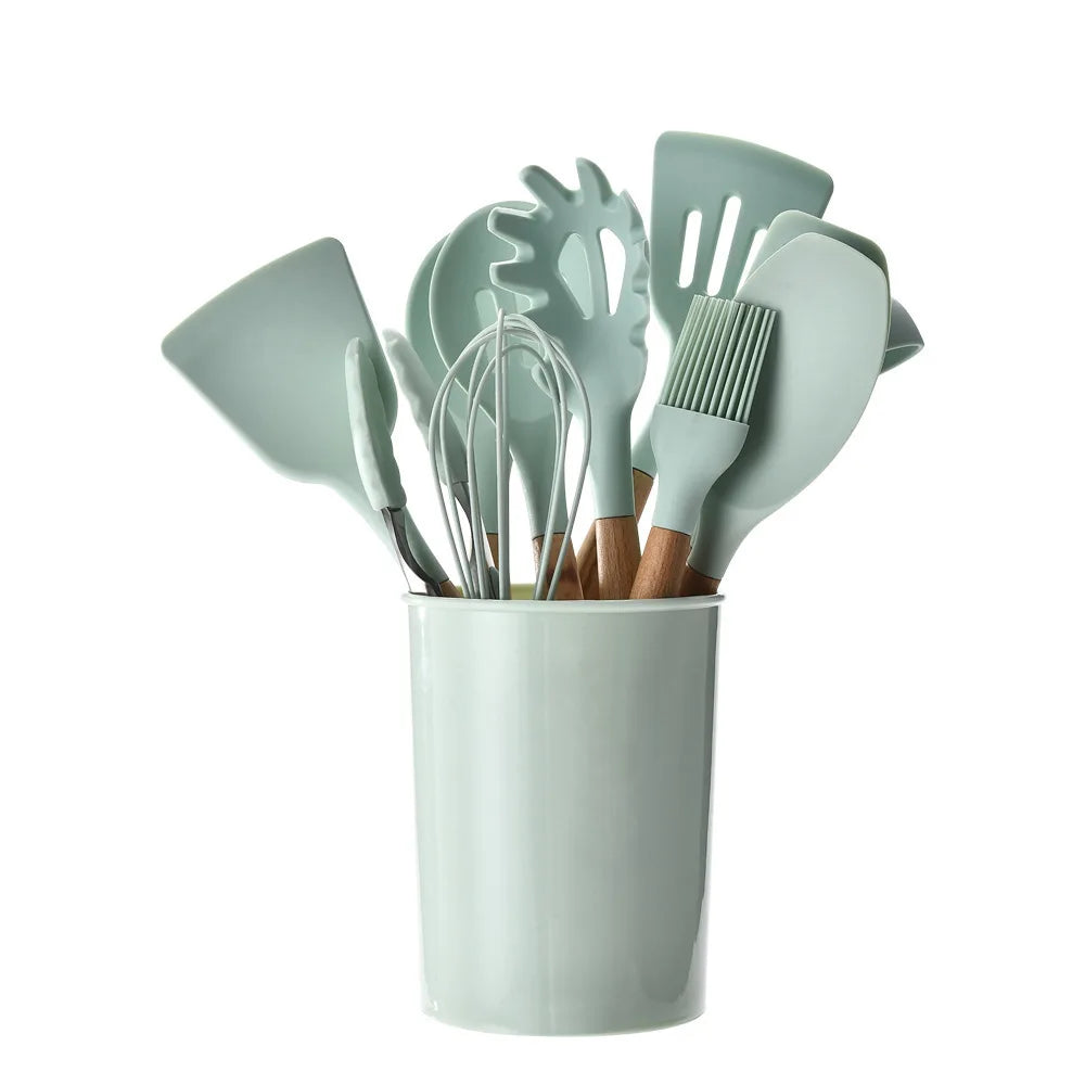 Nuevo Juego de Utensilios de Cocina de Silicona con Mango de Madera 2026, 12 Piezas, Espátula y Cuchara Antiadherentes, Accesorios para Cocinar en el Hogar