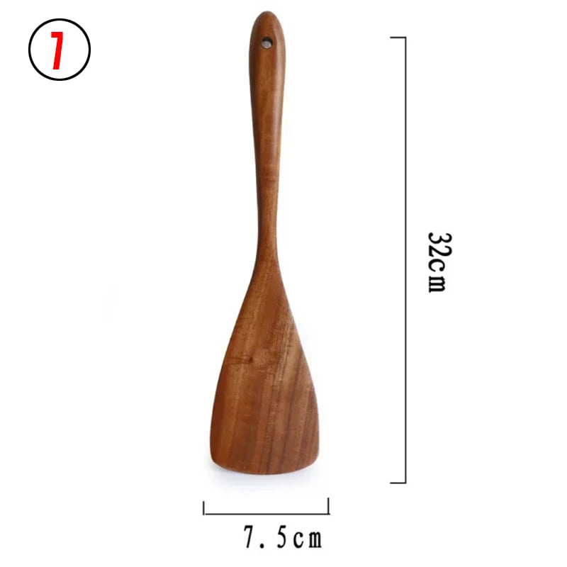 Vajilla de madera Natural de teca tailandesa, cuchara, cucharón, colador de arroz largo, espumadera de sopa, cucharas de cocina, juego de herramientas de cocina