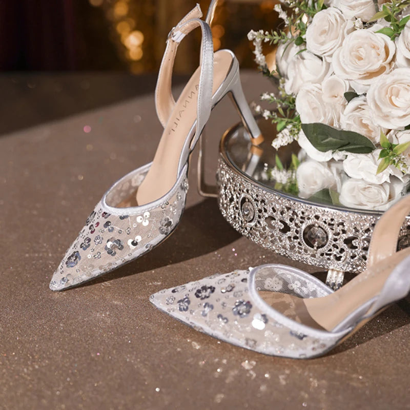 8CM Sparkly Flower Evening Gown Footwear Champagne Silver Ladies Sexy Backstrap Sandals Comfortable Thin Heel