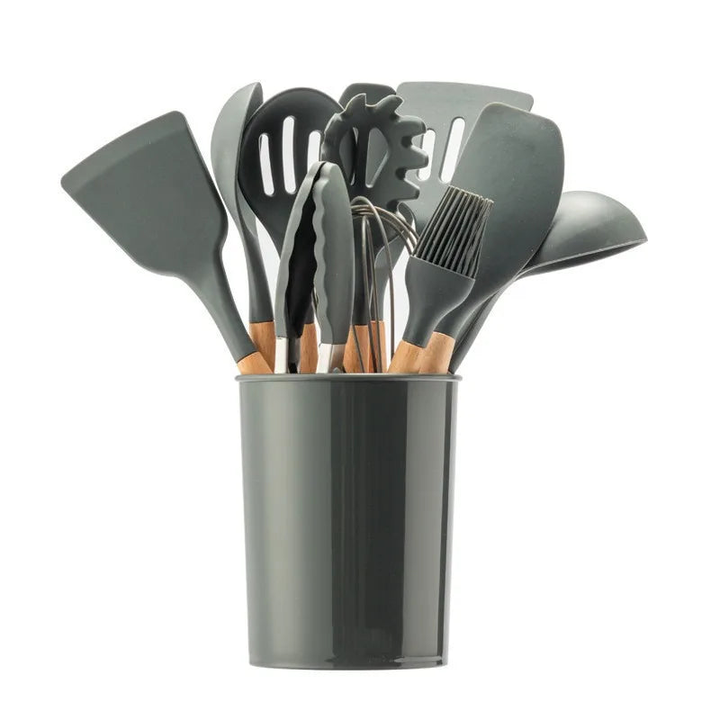 Utensilios de silicona verde aguacate, juego de herramientas de cocina con mango de madera, espátula antiadherente, cucharón, batidores de huevos, pala, nuevo