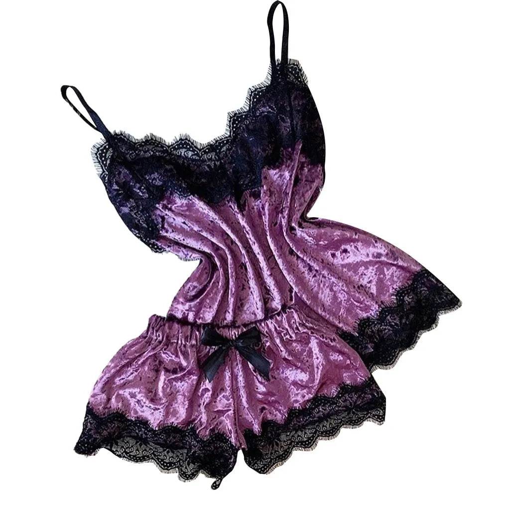 Pijamas de verano para mujer, ropa de dormir con lazo de terciopelo, ropa de dormir sin mangas con tirantes, camisola con adornos de encaje, conjuntos de pijama, lencería Sexy para mujer