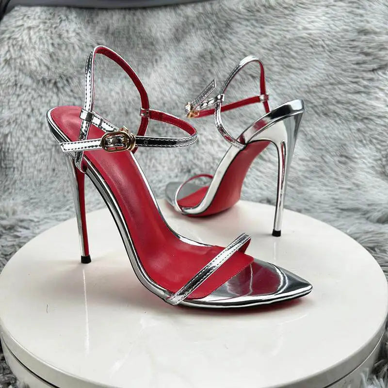 Red Bottom Patent Leather Classic Retro Strap Sandals Women's Summer New 12cm Thin-heeled Stiletto Heel Fairy Roman Elegant