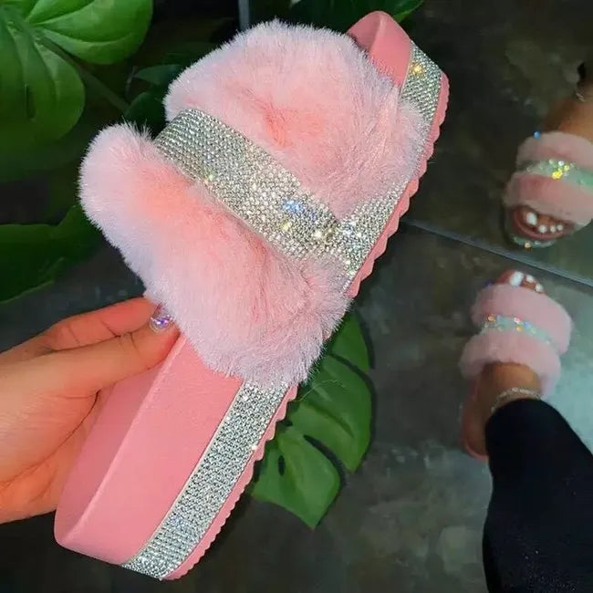Dropshipping Platform Diamonds Fur Slides Slippers Hot Sale Flutty Slippers New Style Thick Sole Platform Sandals for Ladies