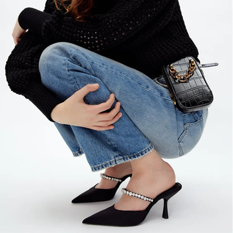 Dl European and American Foreign Trade High Heel Pointed Rear Empty Women's Shoes Rhinestone Baotou Thin Fashion Slippers