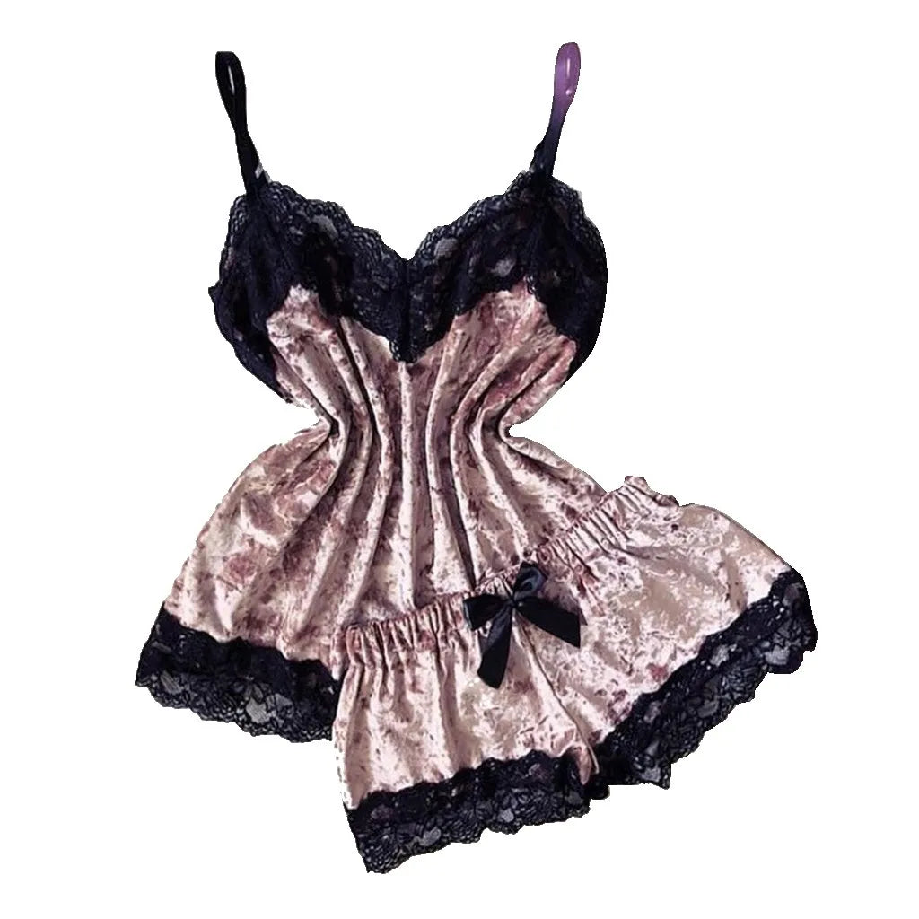 Pijamas de verano para mujer, ropa de dormir con lazo de terciopelo, ropa de dormir sin mangas con tirantes, camisola con adornos de encaje, conjuntos de pijama, lencería Sexy para mujer