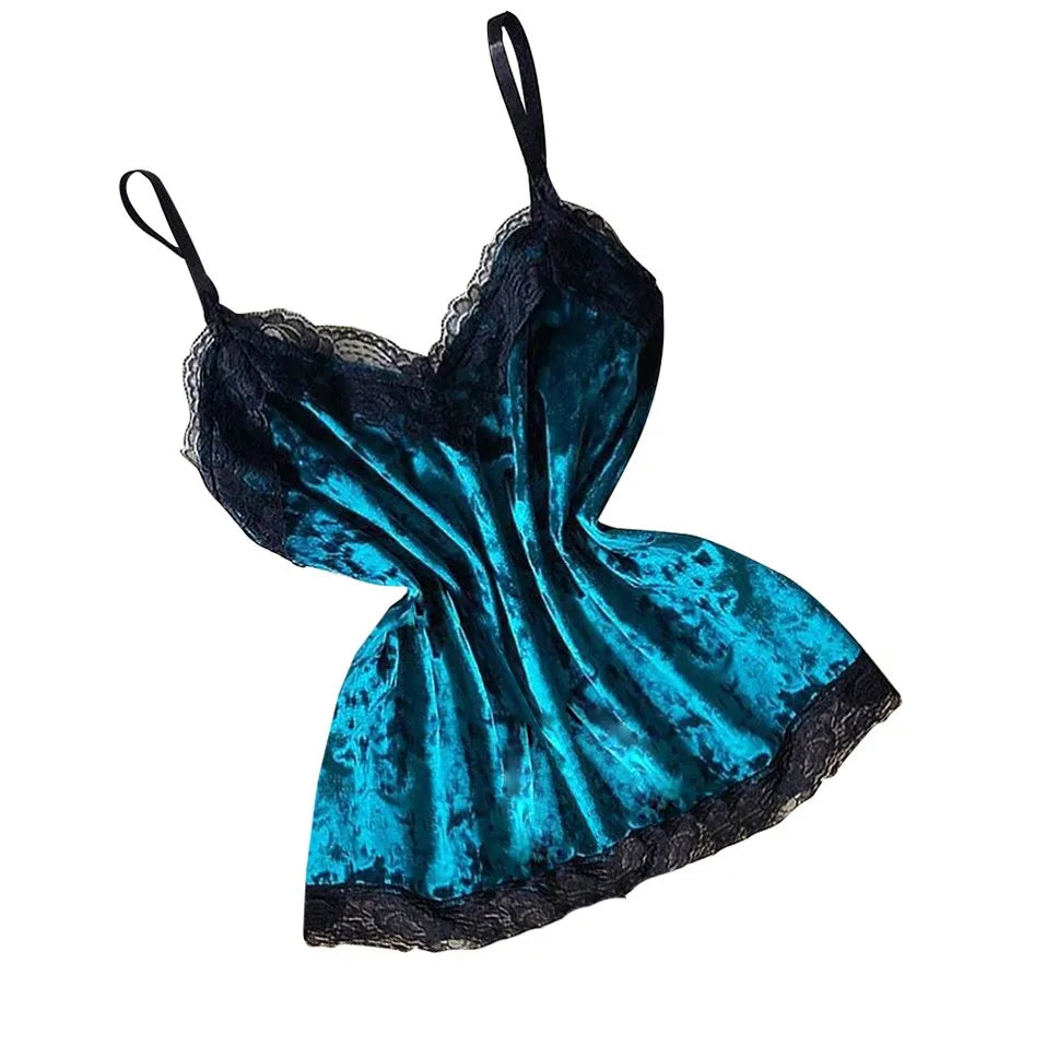 Pijamas de verano para mujer, ropa de dormir con lazo de terciopelo, ropa de dormir sin mangas con tirantes, camisola con adornos de encaje, conjuntos de pijama, lencería Sexy para mujer