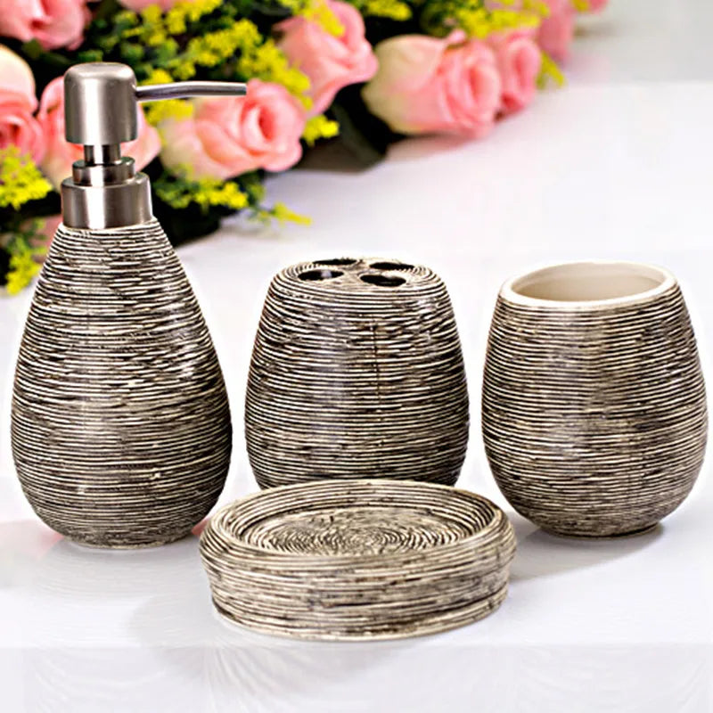 Juego de cerámica para baño, botella dispensadora de champú, jabonera, soportes para cepillos de dientes, taza de enjuague, accesorios de baño