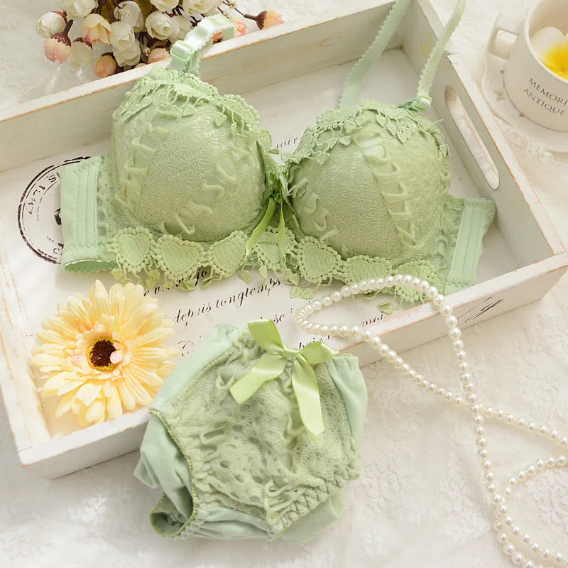 ZZYUP Lovely Girls Lace Bra Panty Sets Cute Japanese Underwire Push up Lace Bra Set