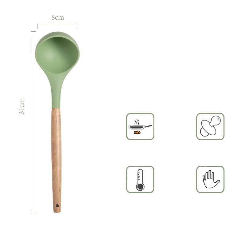 Utensilios de silicona verde aguacate, juego de herramientas de cocina con mango de madera, espátula antiadherente, cucharón, batidores de huevos, pala, nuevo