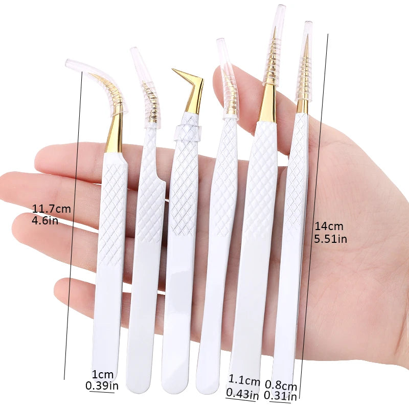Pinzas de Precisión Antiestáticas de Acero Inoxidable Blanco-Dorado para Extensión de Pestañas, Juego de Herramientas de Maquillaje y Belleza para Cejas