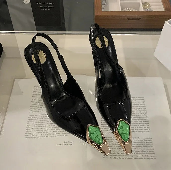 Women's Elegant Black PU Leather Super High Heel Hollow Shallow Mouth Pointed Toe Buckle Strap Anti-Slip Summer Outdoor Sandals