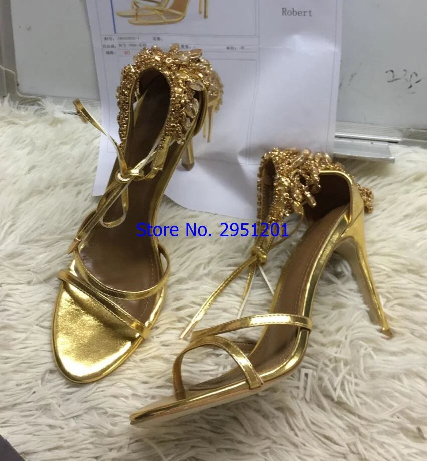 Sandalias de gladiador ostentosas para mujer, zapatos de tacón alto con tiras de ante, con cordones y diamantes de imitación, para verano