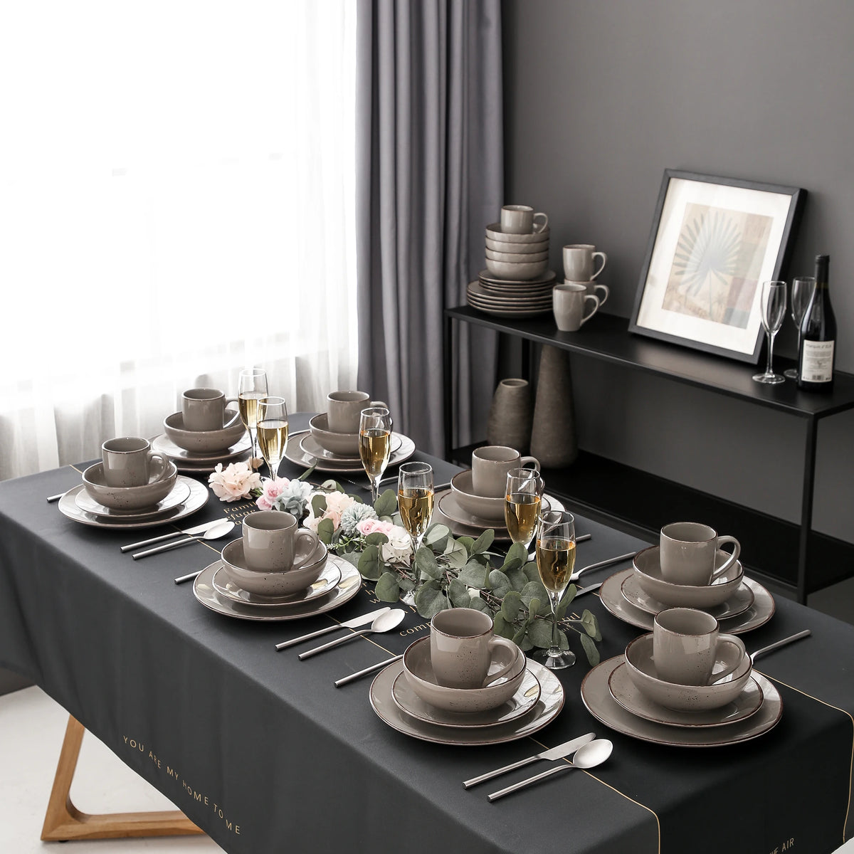 Vajilla de cerámica de gres, conjunto de taza, plato de cena, plato de postre y cuenco de 800 ml, modelo Vancasso VC-NAVIA-2-SLX123, color gris, desde 16, 32 y 48 piezas