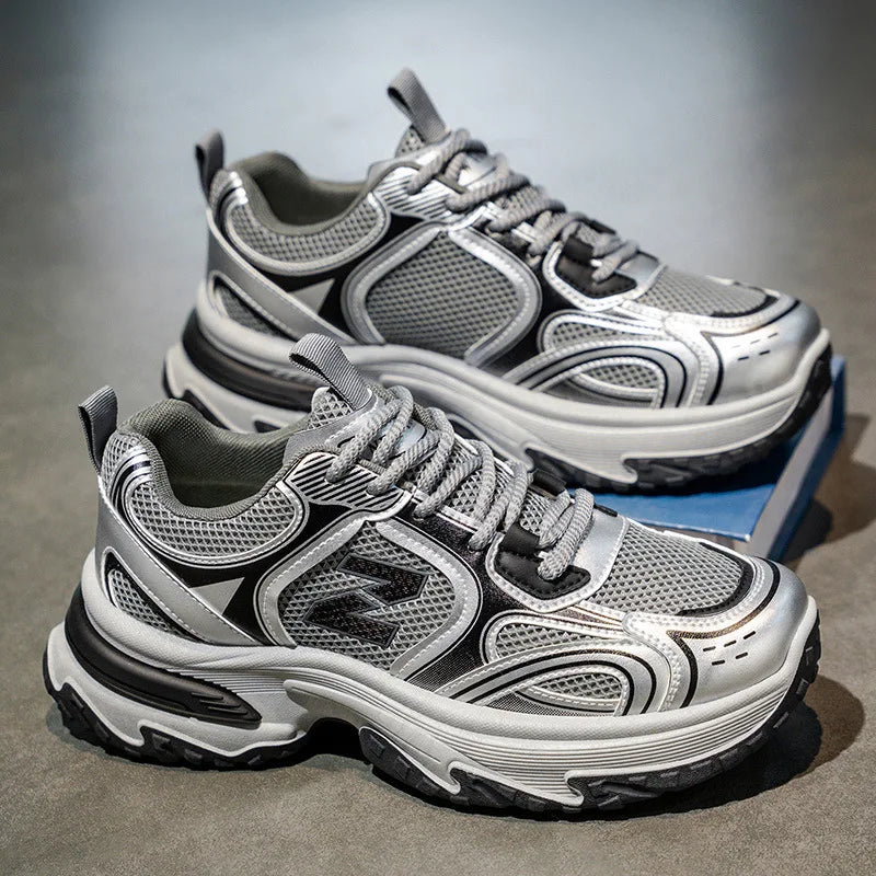 2026 New Trendy Chunky Sneakers Men Women Breathable Mesh Dad Shoes Metallic Silver Fashion Platform Walking Footwear