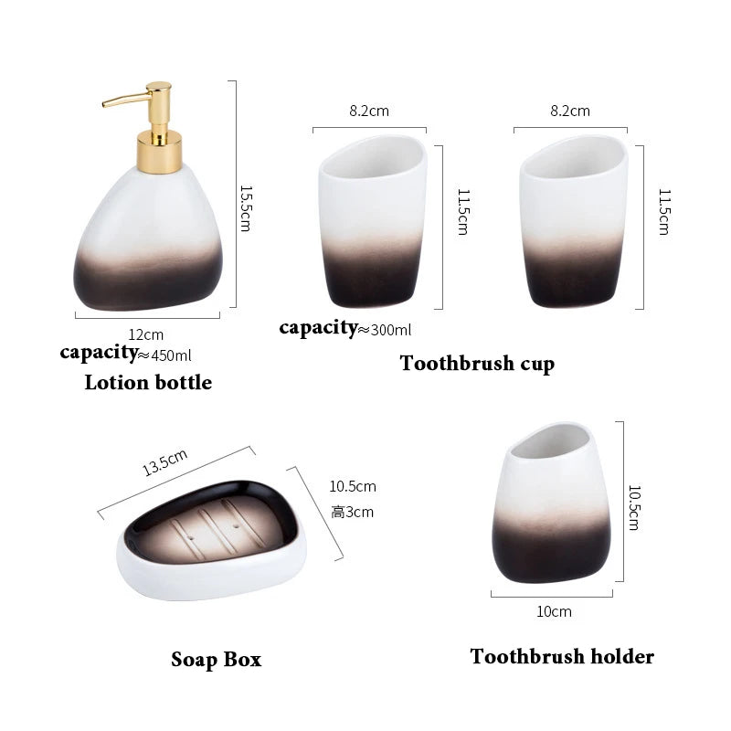 Juegos de accesorios de baño de cerámica, dispensador de loción gradiente, botella de bomba, soporte para cepillo de dientes, taza de enjuague bucal, jabón, herramientas de lavado de platos