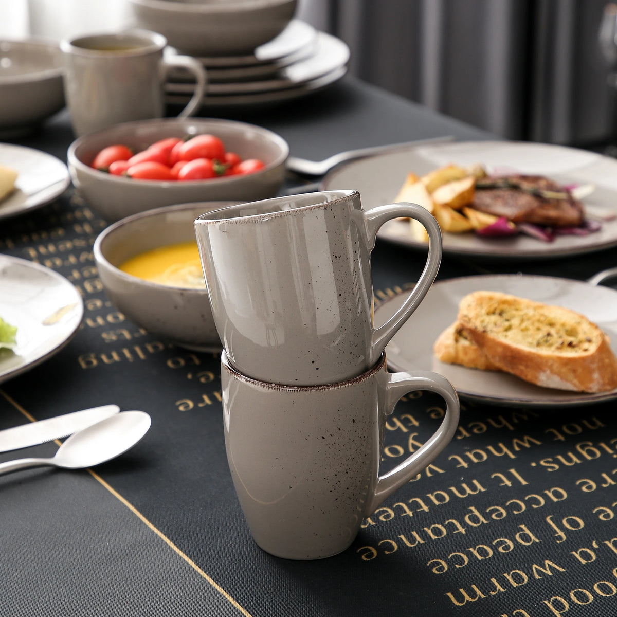Vajilla de cerámica de gres, conjunto de taza, plato de cena, plato de postre y cuenco de 800 ml, modelo Vancasso VC-NAVIA-2-SLX123, color gris, desde 16, 32 y 48 piezas