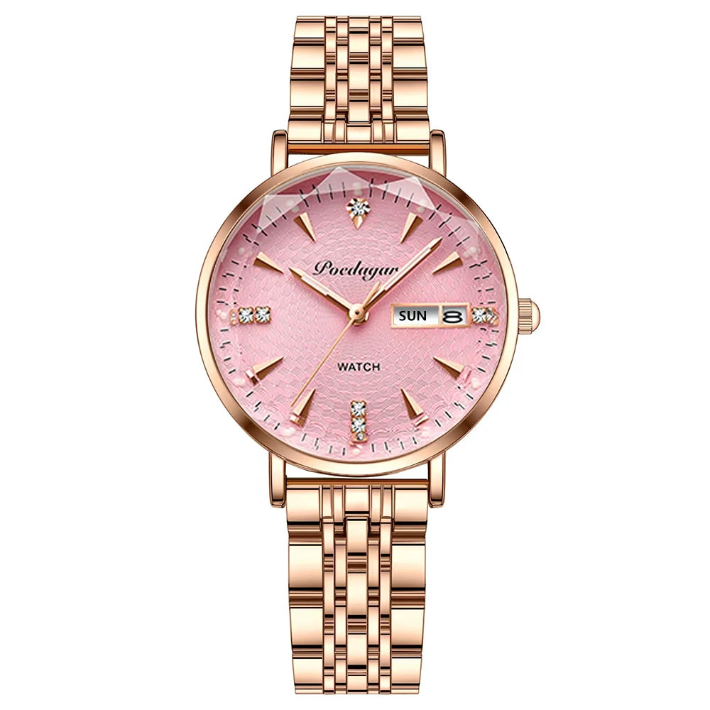 Reloj POEDAGAR para mujer, nueva moda, reloj de pulsera de acero inoxidable de lujo, pulsera Simple de oro rosa, relojes luminosos impermeables para mujer