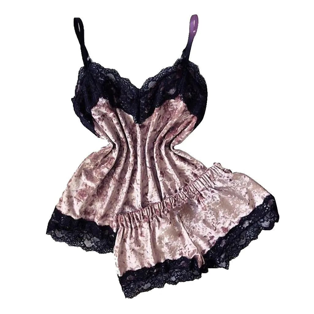 Pijamas de verano para mujer, ropa de dormir con lazo de terciopelo, ropa de dormir sin mangas con tirantes, camisola con adornos de encaje, conjuntos de pijama, lencería Sexy para mujer