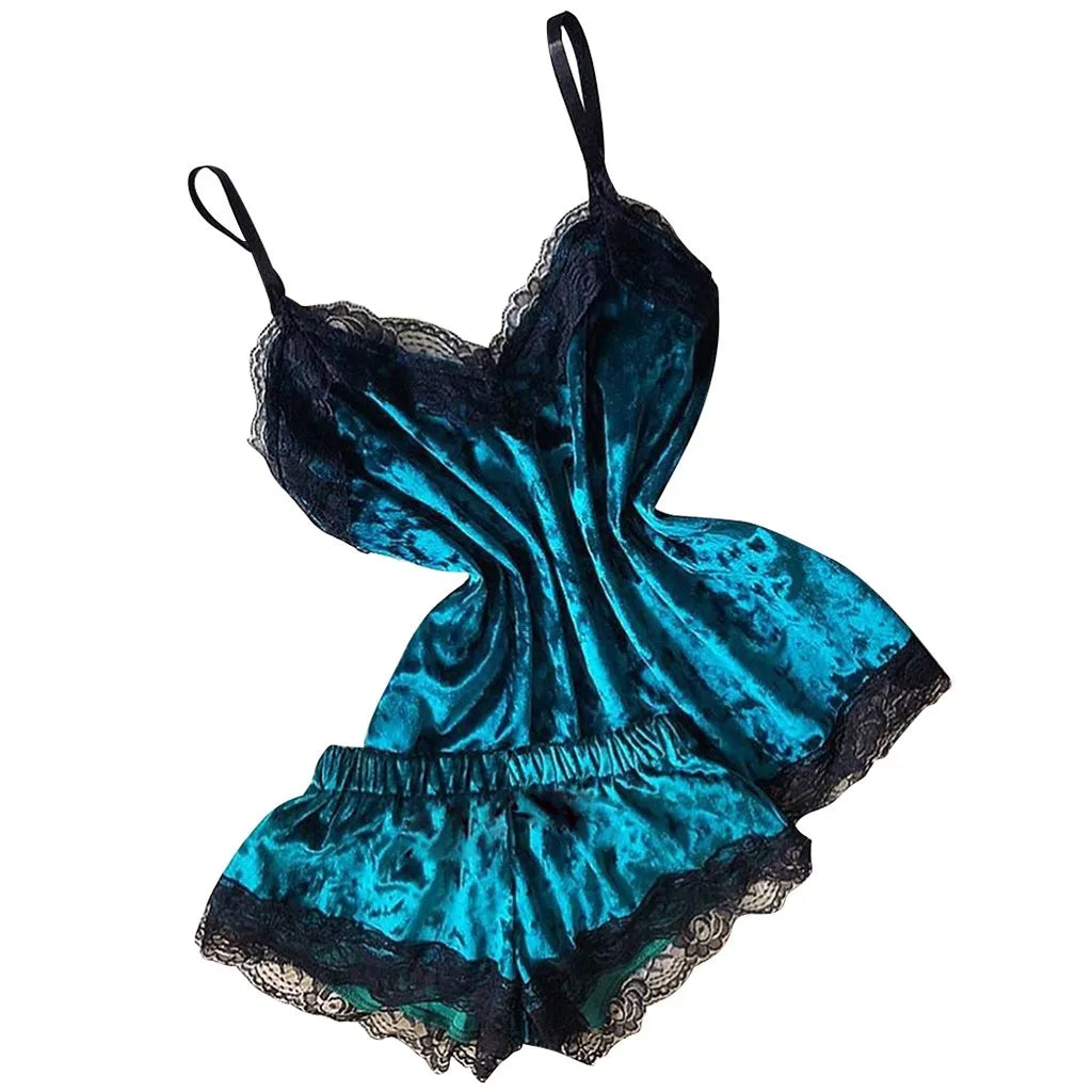 Pijamas de verano para mujer, ropa de dormir con lazo de terciopelo, ropa de dormir sin mangas con tirantes, camisola con adornos de encaje, conjuntos de pijama, lencería Sexy para mujer