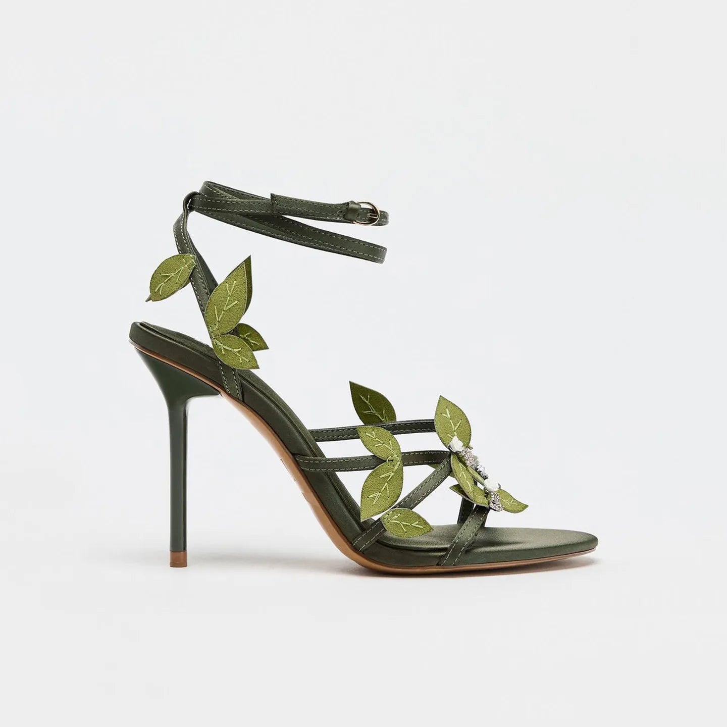 ZA Premium Quality Summer New Women's Shoes Green and Gold Floral Decorative High Heels Fashionable Versatile Stiletto Sandals