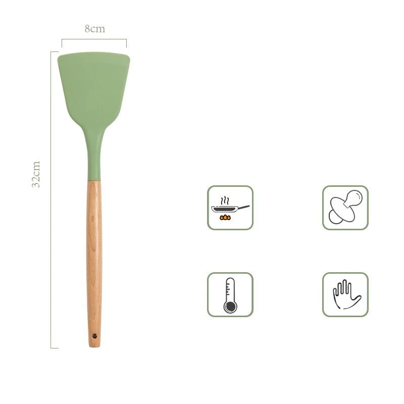 Utensilios de silicona verde aguacate, juego de herramientas de cocina con mango de madera, espátula antiadherente, cucharón, batidores de huevos, pala, nuevo