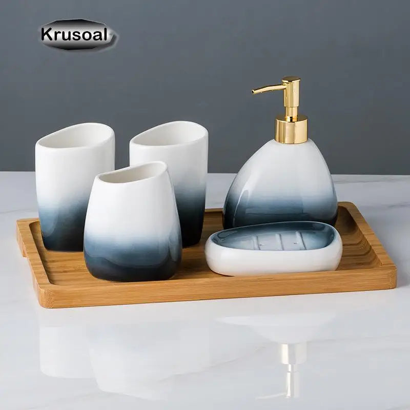 Juegos de accesorios de baño de cerámica, dispensador de loción gradiente, botella de bomba, soporte para cepillo de dientes, taza de enjuague bucal, jabón, herramientas de lavado de platos