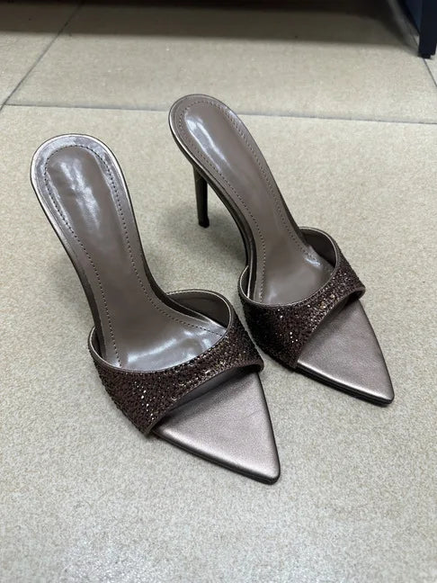 2026 Summer Autumn New Elegant Pointed Toe Peep Toe Stiletto Heel Strap Sandals Women's Light Luxury Sexy Rhinestone