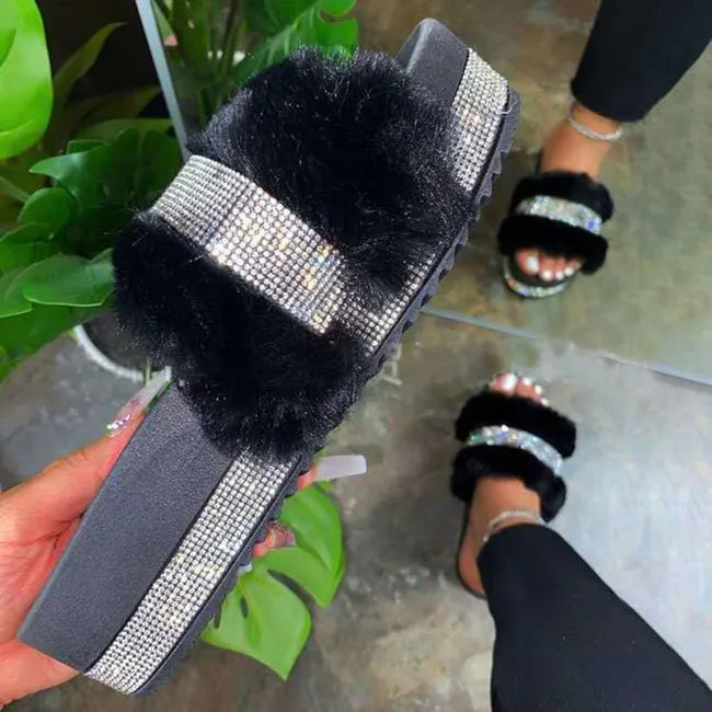 Dropshipping Platform Diamonds Fur Slides Slippers Hot Sale Flutty Slippers New Style Thick Sole Platform Sandals for Ladies