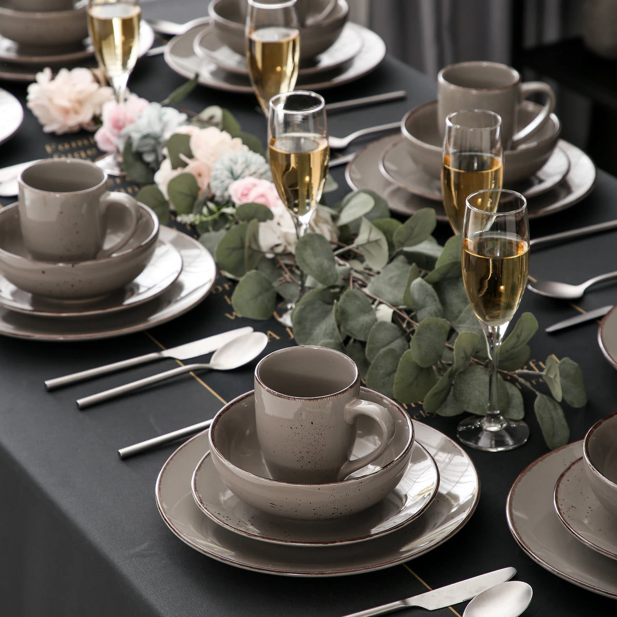 Vajilla de cerámica de gres, conjunto de taza, plato de cena, plato de postre y cuenco de 800 ml, modelo Vancasso VC-NAVIA-2-SLX123, color gris, desde 16, 32 y 48 piezas
