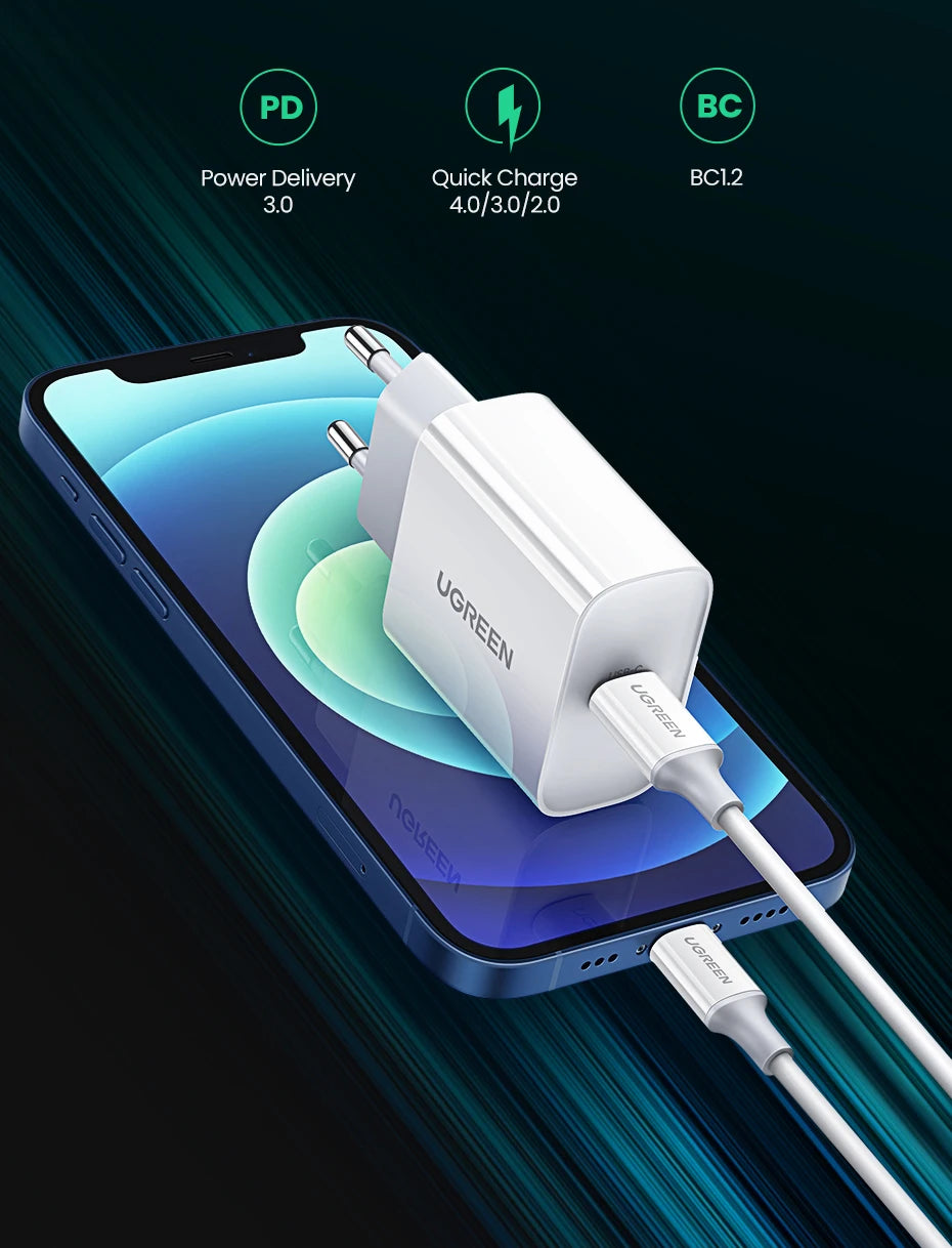 UGREEN Quick Charge 4,0 3,0 QC PD cargador 20W QC4.0 QC3.0 USB tipo C cargador rápido para iPhone 17 16 15 Pro Xiaomi teléfono PDCharger