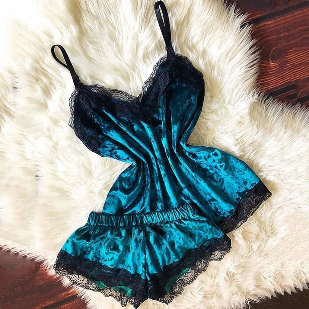 Pijamas de verano para mujer, ropa de dormir con lazo de terciopelo, ropa de dormir sin mangas con tirantes, camisola con adornos de encaje, conjuntos de pijama, lencería Sexy para mujer