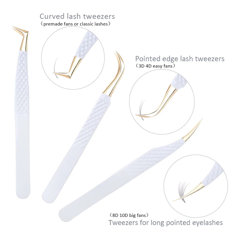 Pinzas de Precisión Antiestáticas de Acero Inoxidable Blanco-Dorado para Extensión de Pestañas, Juego de Herramientas de Maquillaje y Belleza para Cejas