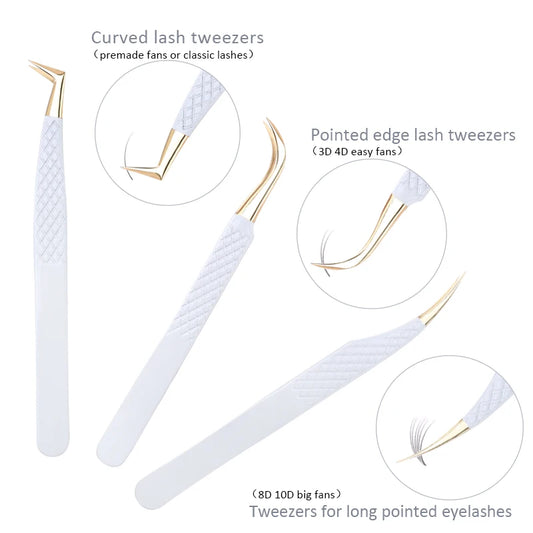 Pinzas de Precisión Antiestáticas de Acero Inoxidable Blanco-Dorado para Extensión de Pestañas, Juego de Herramientas de Maquillaje y Belleza para Cejas
