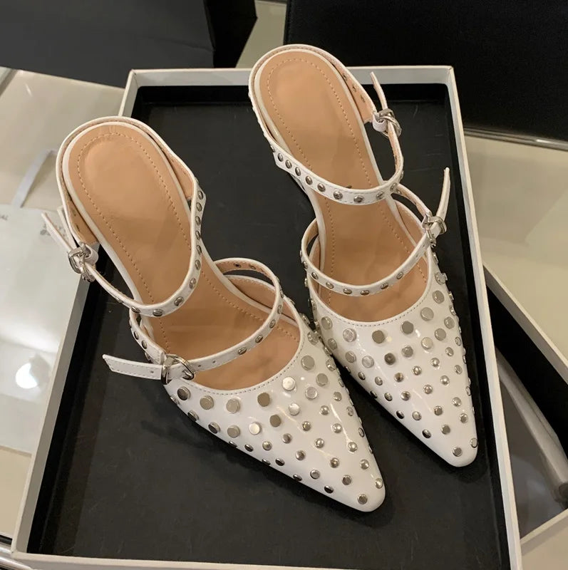 Ladies' Summer 2025 New Transparent Wedge Heel Sandals Pointed Rivets Party Fashion Show Heels