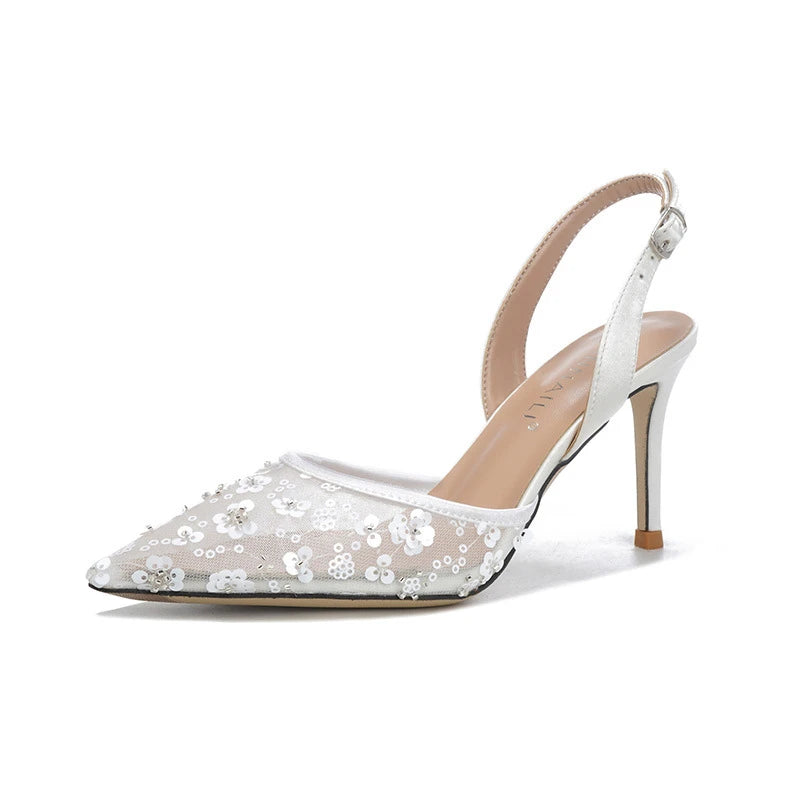 8CM Sparkly Flower Evening Gown Footwear Champagne Silver Ladies Sexy Backstrap Sandals Comfortable Thin Heel