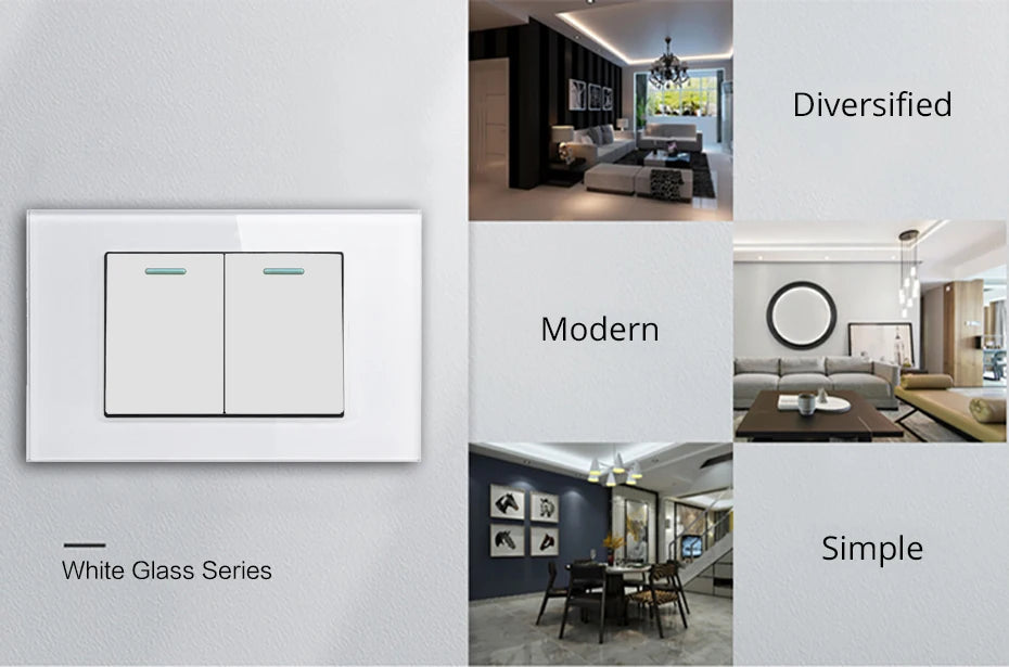 Wallpad Panel de vidrio templado blanco interruptor de luz de pared UE Reino Unido italiano Chile enchufe botón basculante 118*75mm 16A AC110-250V