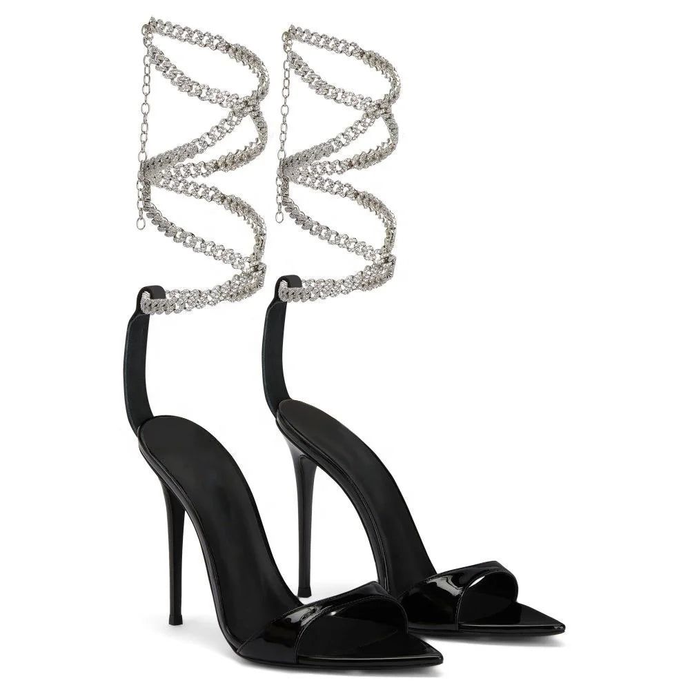 OEM Custom Luxury Women's High Heels Sandals New Style Summer Sexy Diamond Metal Chain Crystal Rhinestones Embellished Lace