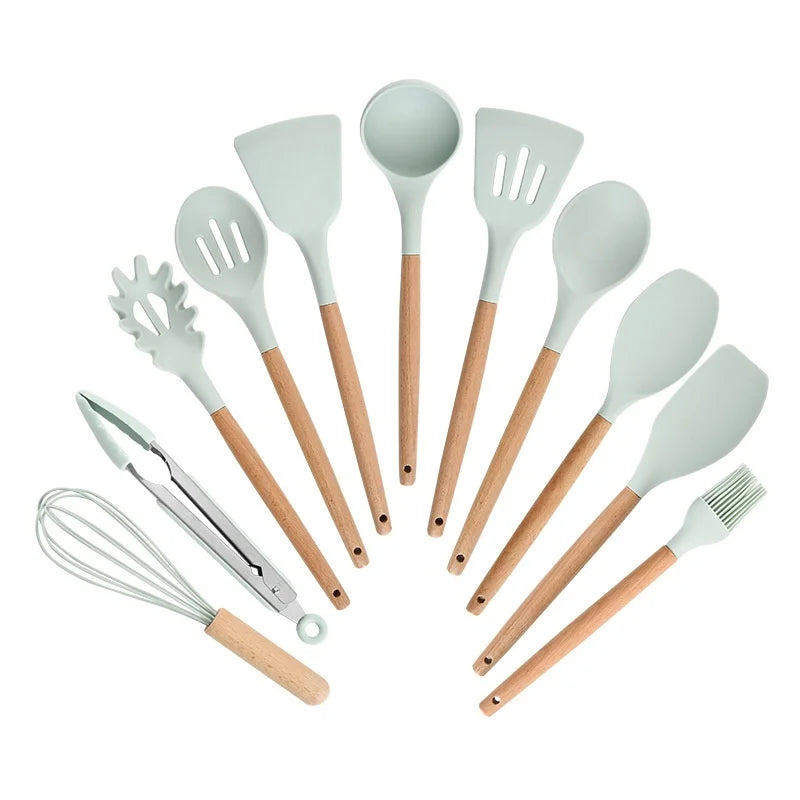 Nuevo Juego de Utensilios de Cocina de Silicona con Mango de Madera 2026, 12 Piezas, Espátula y Cuchara Antiadherentes, Accesorios para Cocinar en el Hogar