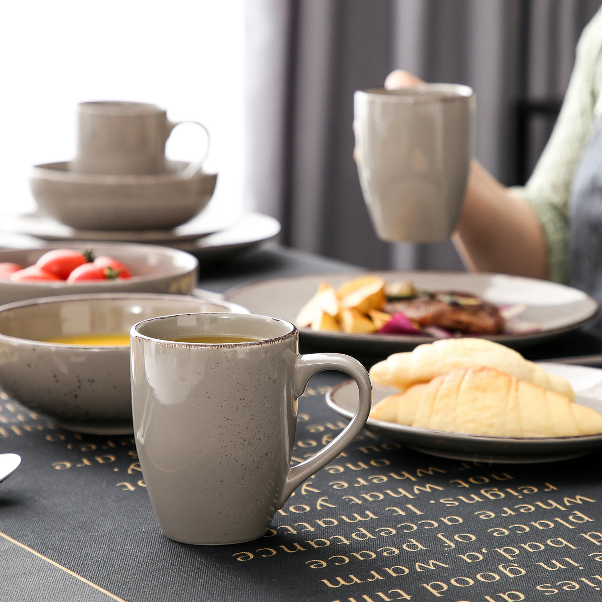 Vajilla de cerámica de gres, conjunto de taza, plato de cena, plato de postre y cuenco de 800 ml, modelo Vancasso VC-NAVIA-2-SLX123, color gris, desde 16, 32 y 48 piezas