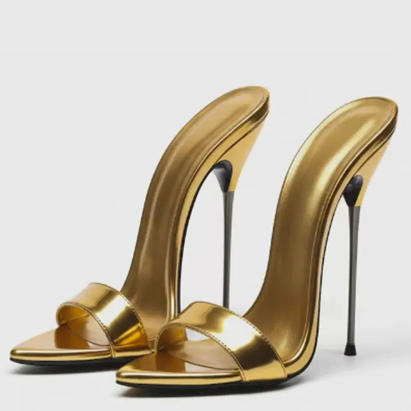 Women Supper High Silver Thin Heels Sandals Summer Big Size 45 Dress Wide Fit Denim Shoes Dress Stiletto Single Band Mules