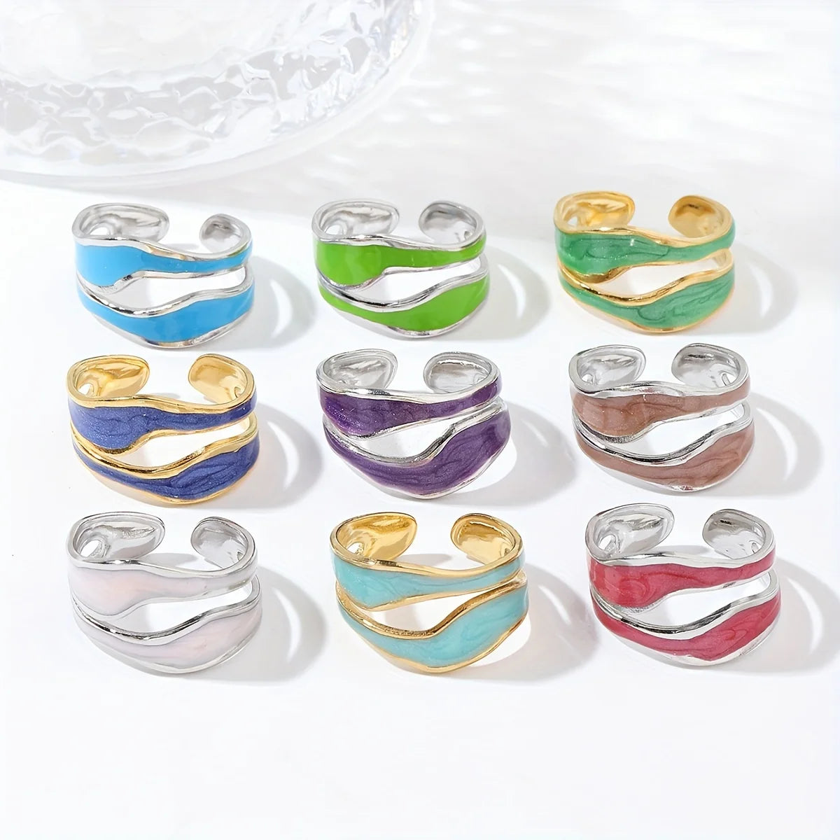1pc Exquisite White/Dark Blue/Green/Steel White Enamel Creative Ring, Stainless Steel Irregular Opening Adjustable Ring for Men