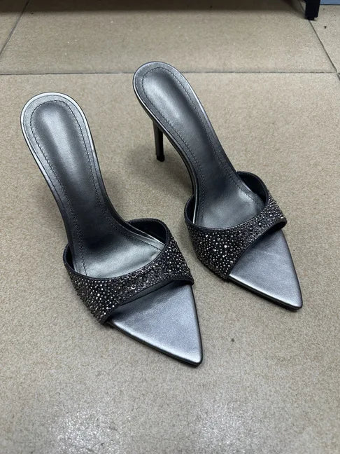 2026 Summer Autumn New Elegant Pointed Toe Peep Toe Stiletto Heel Strap Sandals Women's Light Luxury Sexy Rhinestone