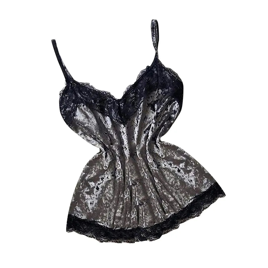 Pijamas de verano para mujer, ropa de dormir con lazo de terciopelo, ropa de dormir sin mangas con tirantes, camisola con adornos de encaje, conjuntos de pijama, lencería Sexy para mujer
