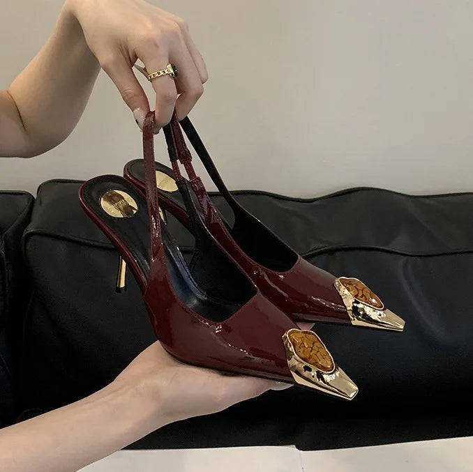 Women's Elegant Black PU Leather Super High Heel Hollow Shallow Mouth Pointed Toe Buckle Strap Anti-Slip Summer Outdoor Sandals