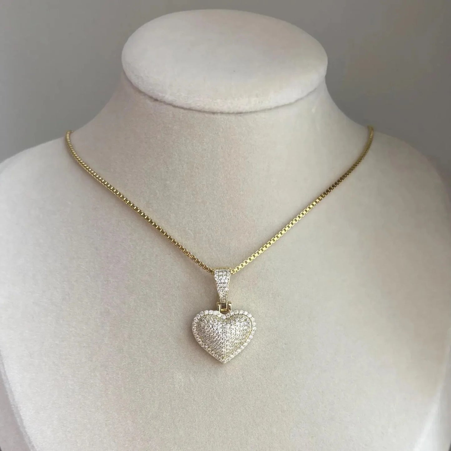 Small Christian Moissanite Puffed Heart Necklace with Diamond Pave Charm Gold Plated for Party Occasions