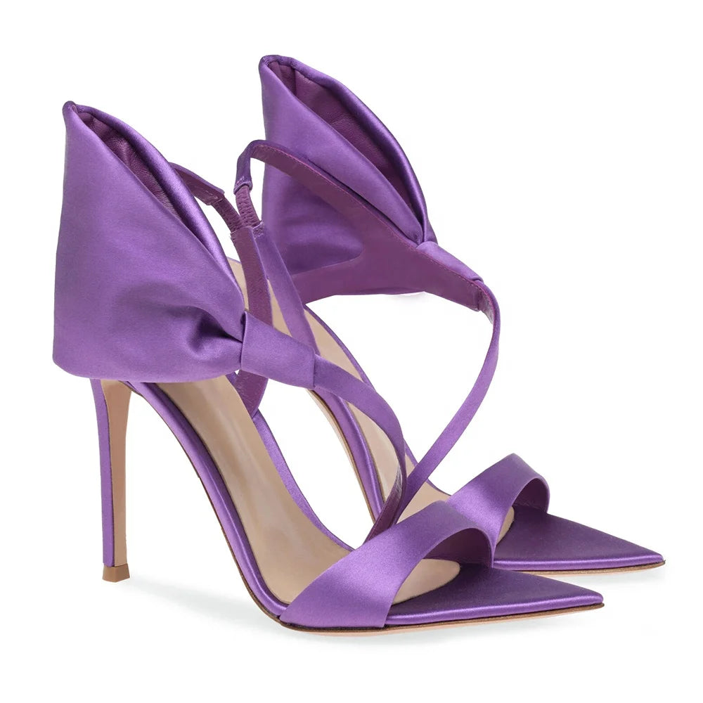 Stiletto Heel Pointed Toe Sandals Black Prom Woman Lilac Satin High Heels With Bow New Arrivals 2023