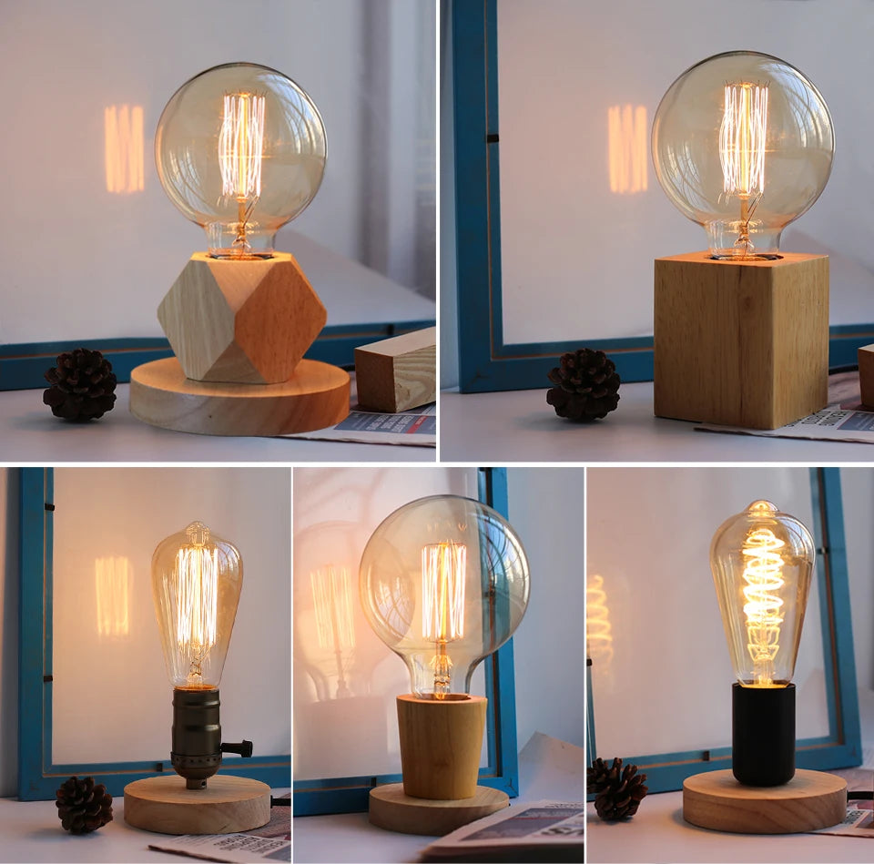 Lámpara de mesa de madera moderna Retro E27, luz decorativa para escritorio, lámparas de arte interior, decoración para sala de estar, dormitorio, mesita de noche, Base de luces para Bar, enchufe europeo